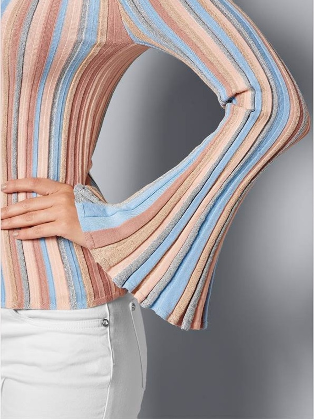 Venus Retro Bell Sleeve Ribbed Sweater Top - Picture 2 of 7